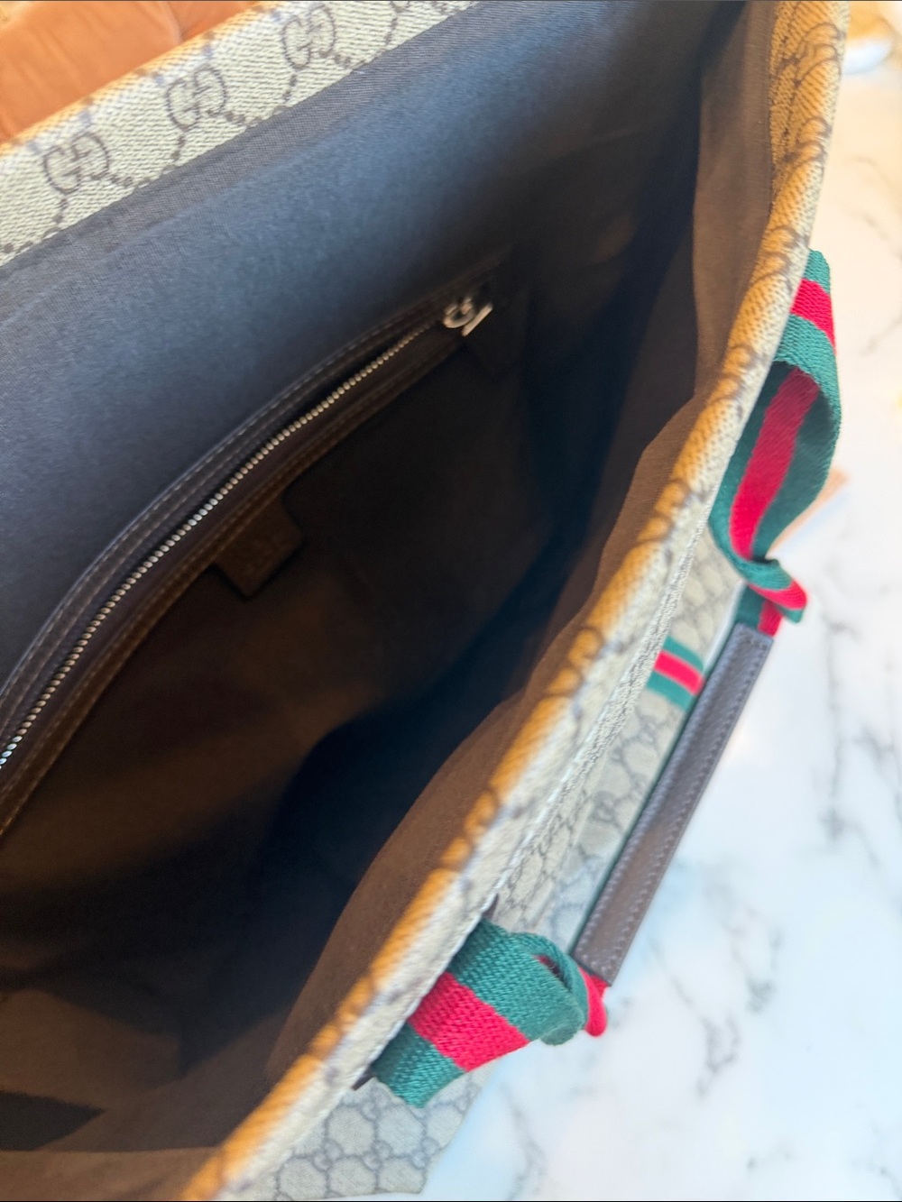 “Gucci” Beige GG Canvas Tote with Green and Red Web Straps - Picture 10 of 11